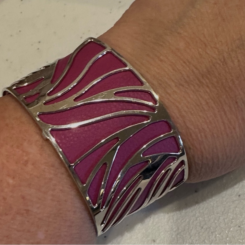 Les Georgettes Silver Perroquet Cuff Bracelet w/ leather insert Dark Pink, Blue